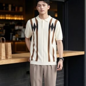 Cross-border Old Money Style Men's Argyle Ice Silk Knitted Polo Shirt, Color-block Casual Men's Paul T-shirt