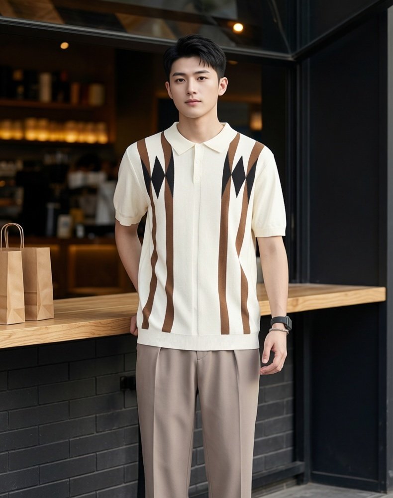 Cross-border Old Money Style Men's Argyle Ice Silk Knitted Polo Shirt, Color-block Casual Men's Paul T-shirt