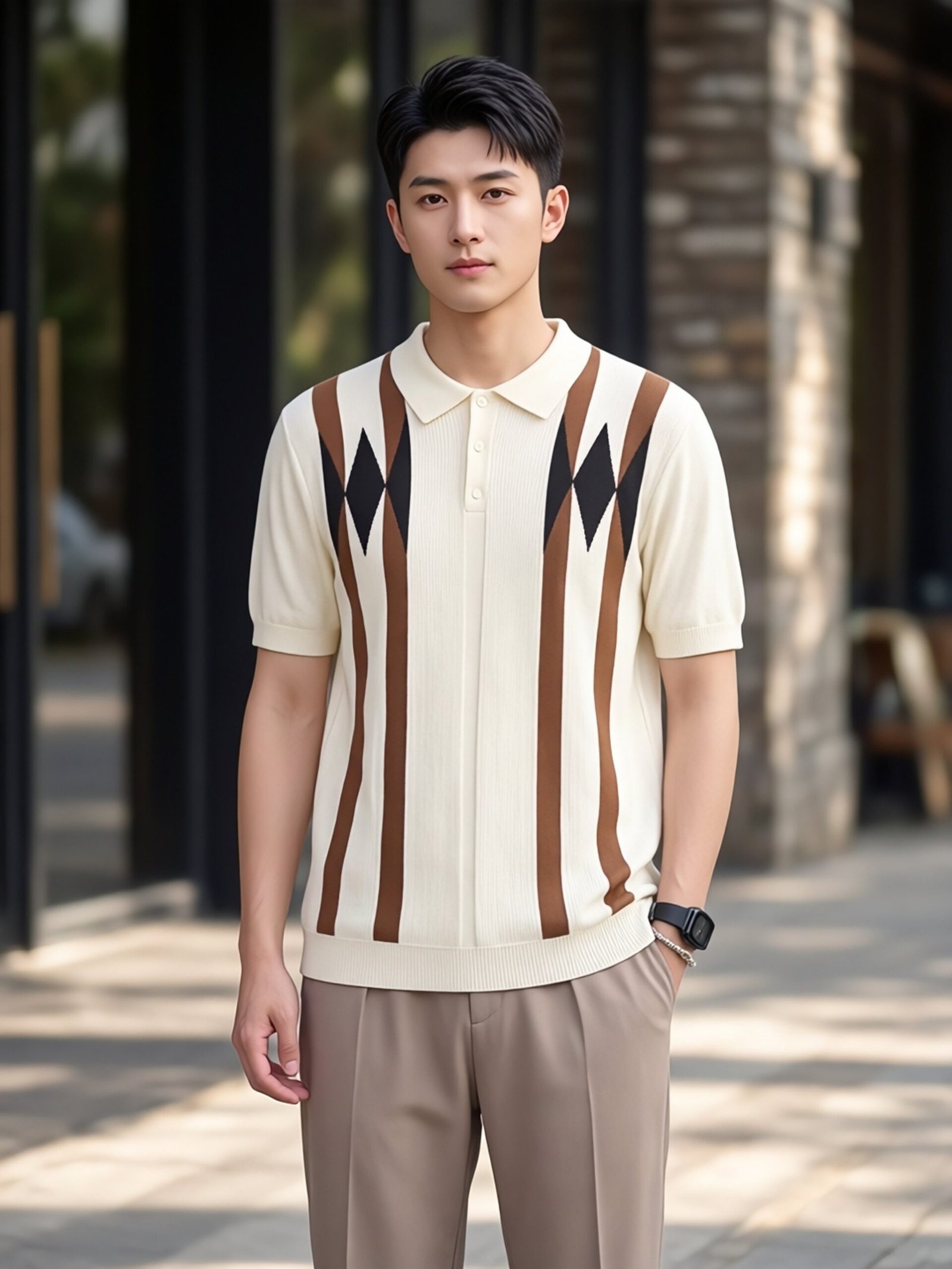 Cross-border Old Money Style Men's Argyle Ice Silk Knitted Polo Shirt, Color-block Casual Men's Paul T-shirt - Image 2