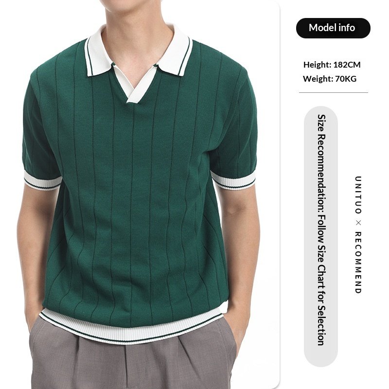 Men's Casual V-Neck Color-block Quick-Dry Paul T-Shirt, Seagull Collar Ice Silk Knit Polo Shirt - Image 8