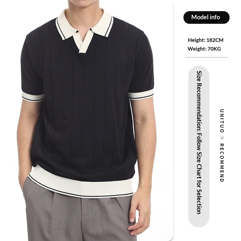 Men's Casual V-Neck Color-block Quick-Dry Paul T-Shirt, Seagull Collar Ice Silk Knit Polo Shirt - Image 7
