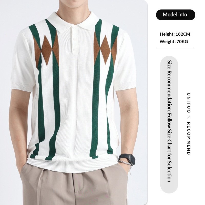 Cross-border Old Money Style Men's Argyle Ice Silk Knitted Polo Shirt, Color-block Casual Men's Paul T-shirt - Image 6