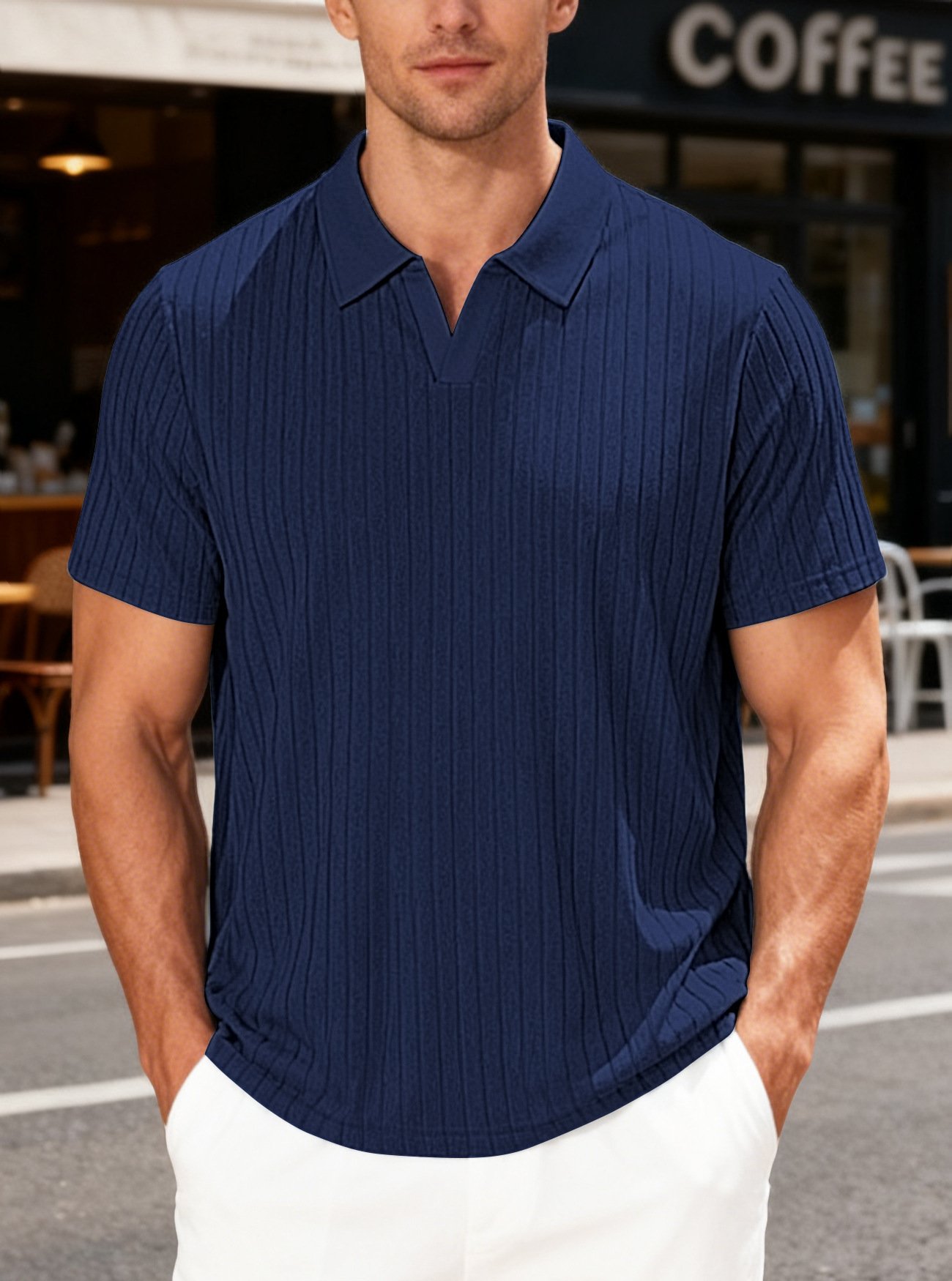 European And American Cross-Border Men's Summer New Casual Breathable Towel Jacquard Fabric Turn-Down Collar Men's Striped Short-Sleeve Shirt - Image 6