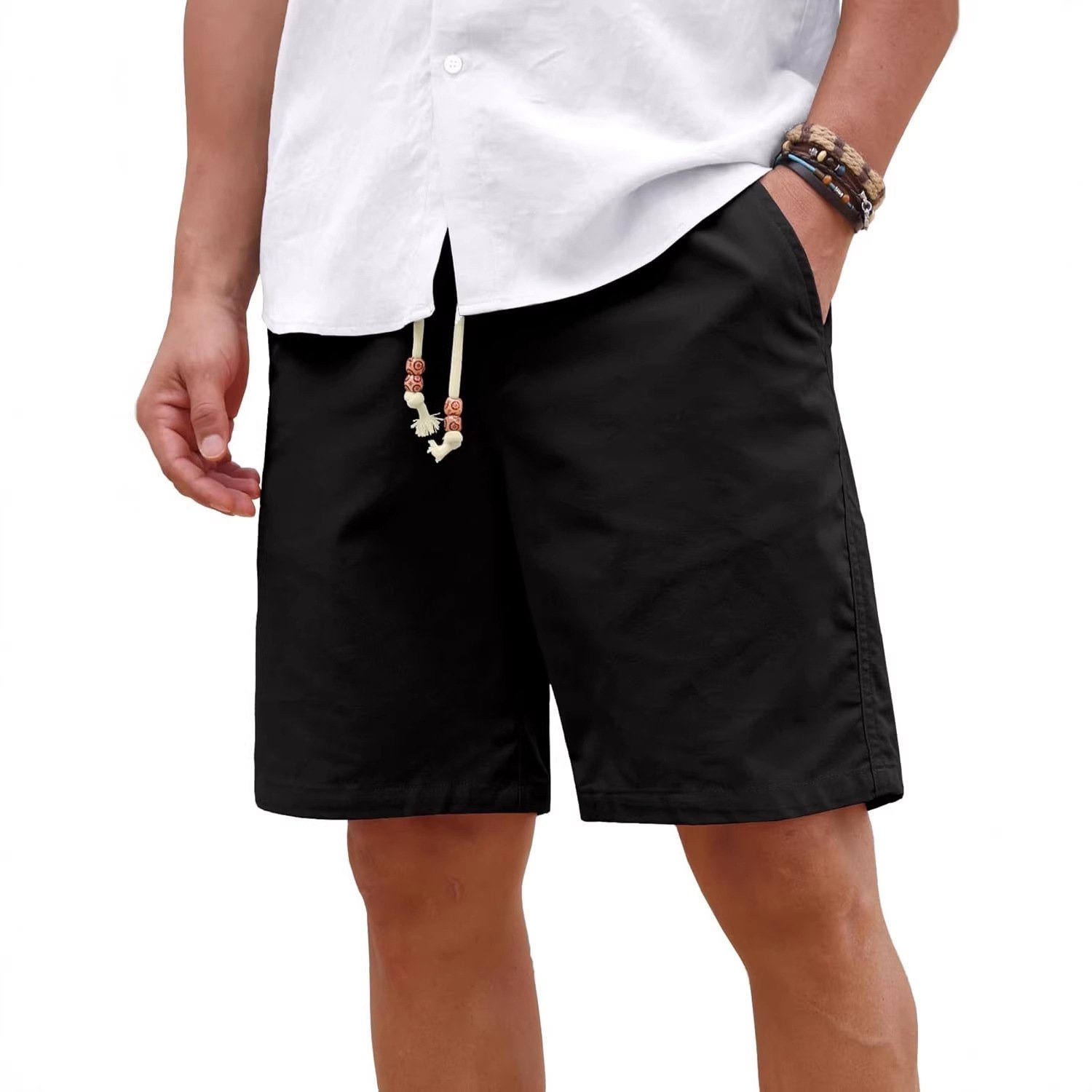 Men's Cotton And Linen Lace-up Plus Size Pocket Casual Shorts - Image 7