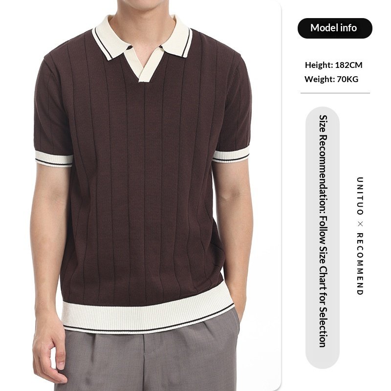 Men's Casual V-Neck Color-block Quick-Dry Paul T-Shirt, Seagull Collar Ice Silk Knit Polo Shirt - Image 9
