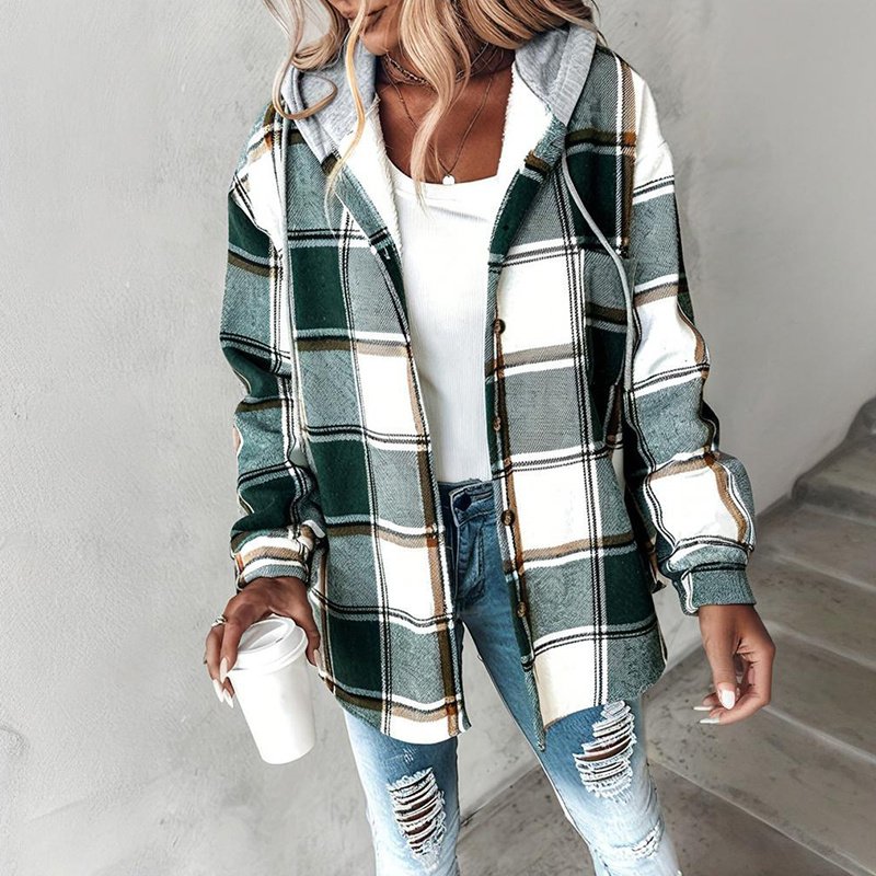 Women's Plaid Hoodie Long Sleeve Jacket Button Drawstring Casual Fall Shirts Shacket With Pocket - Image 3