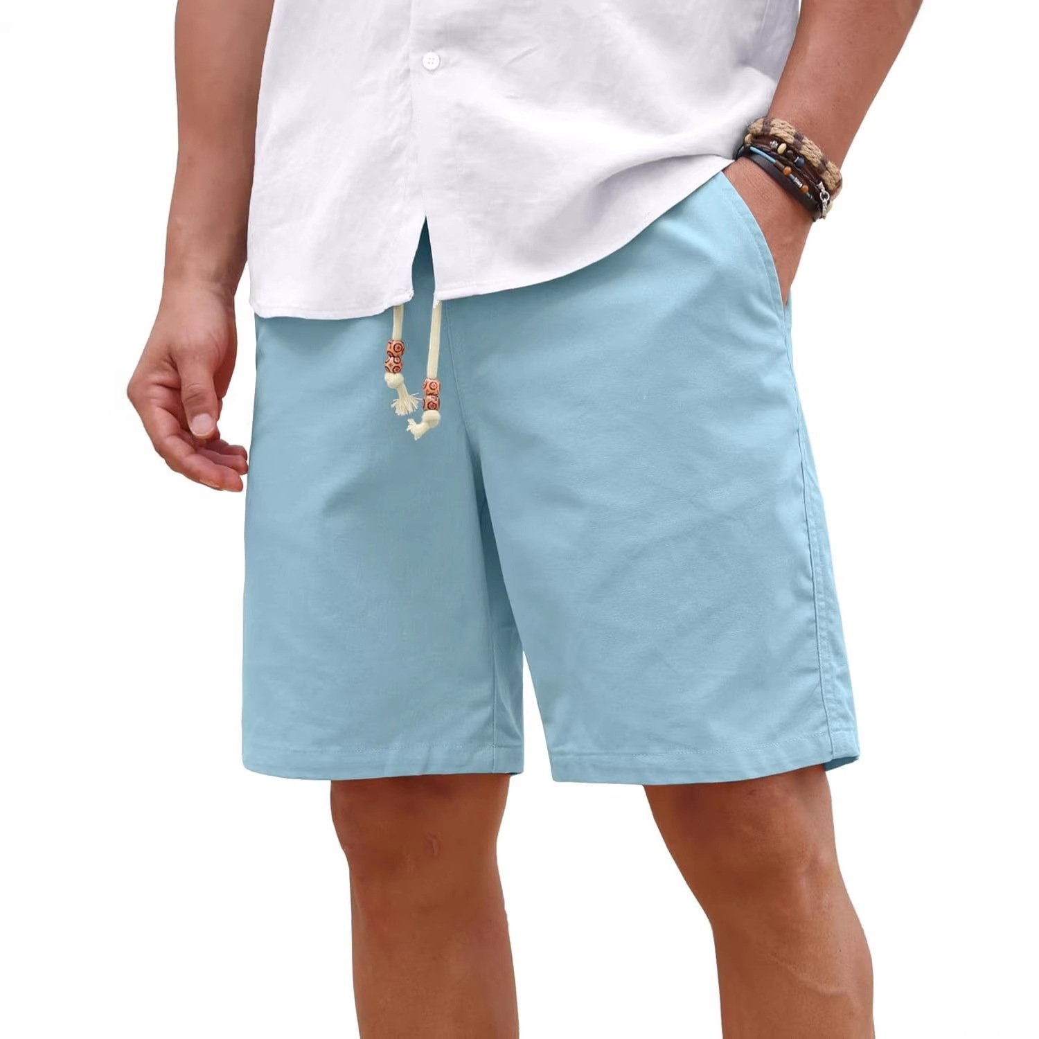 Men's Cotton And Linen Lace-up Plus Size Pocket Casual Shorts - Image 5