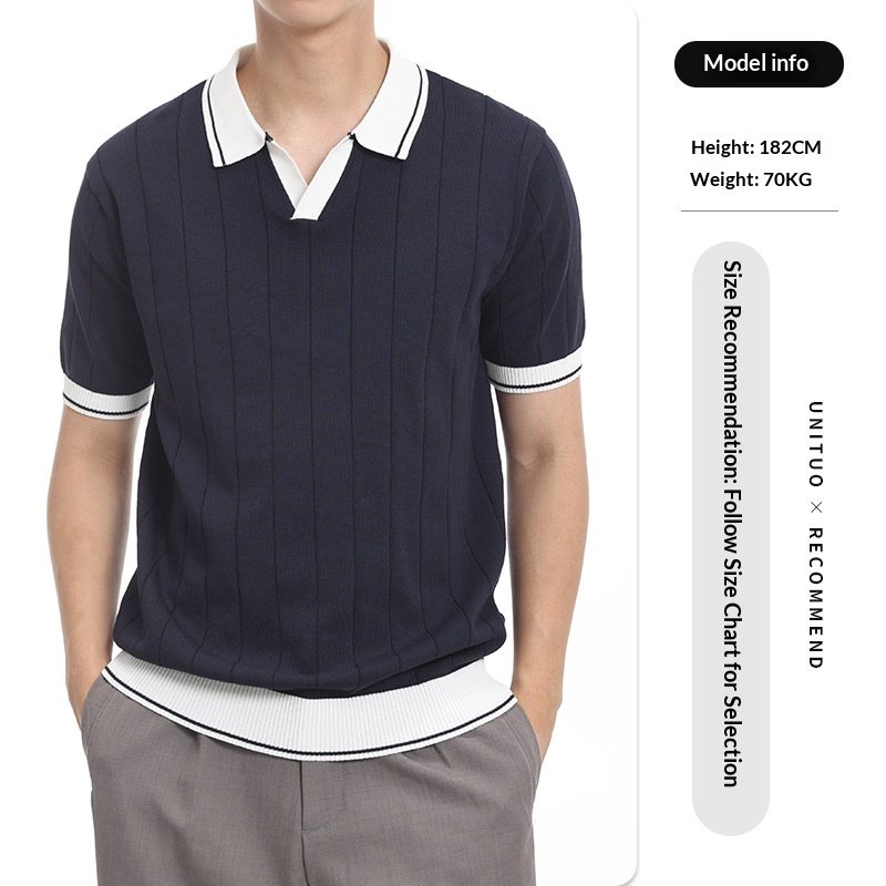 Men's Casual V-Neck Color-block Quick-Dry Paul T-Shirt, Seagull Collar Ice Silk Knit Polo Shirt - Image 3