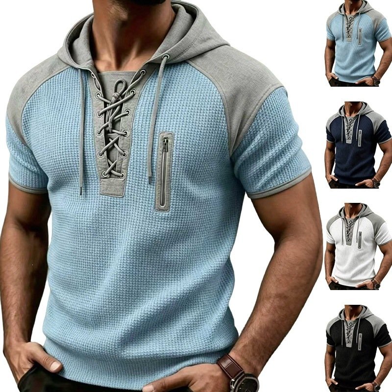 Mens Waffle Print Hooded Short Sleeve Top - Image 7