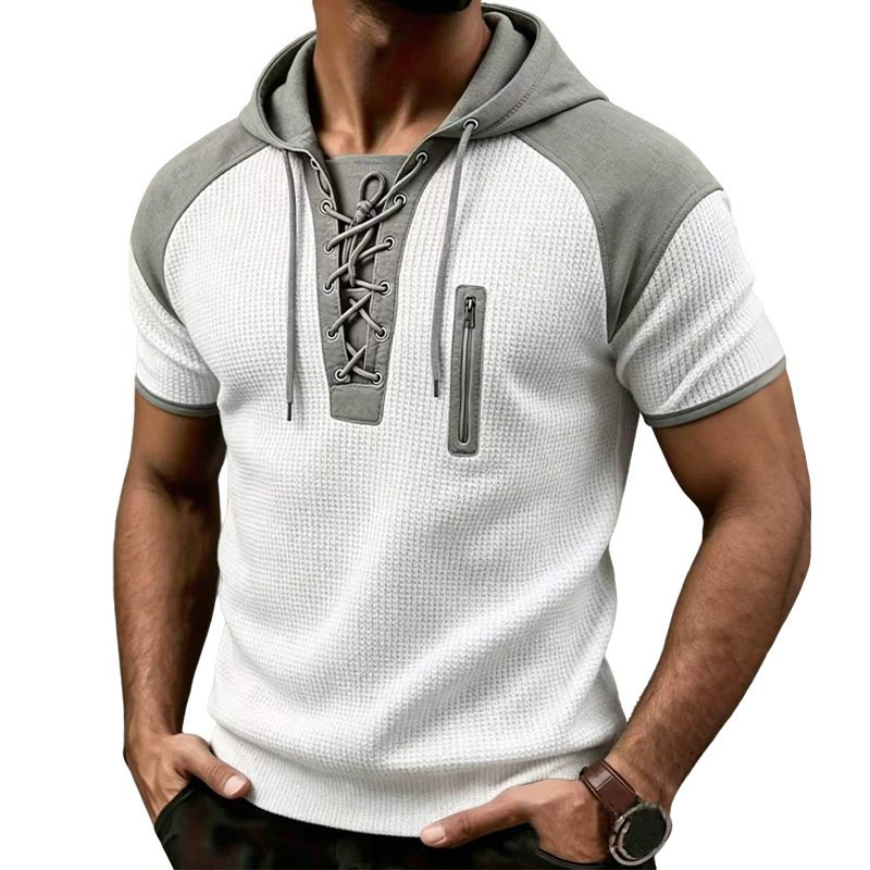 Mens Waffle Print Hooded Short Sleeve Top - Image 5