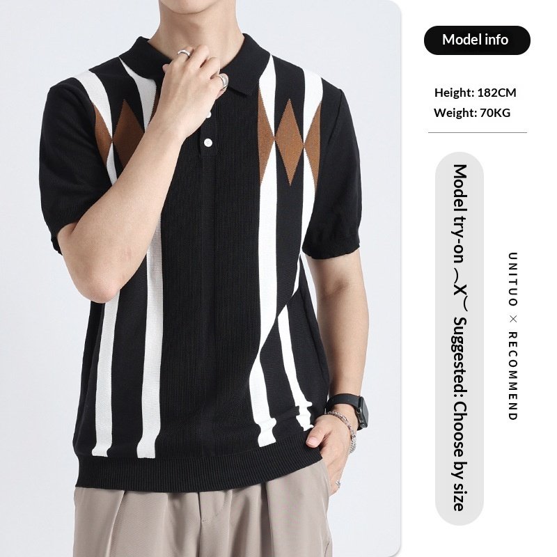 Cross-border Old Money Style Men's Argyle Ice Silk Knitted Polo Shirt, Color-block Casual Men's Paul T-shirt - Image 3