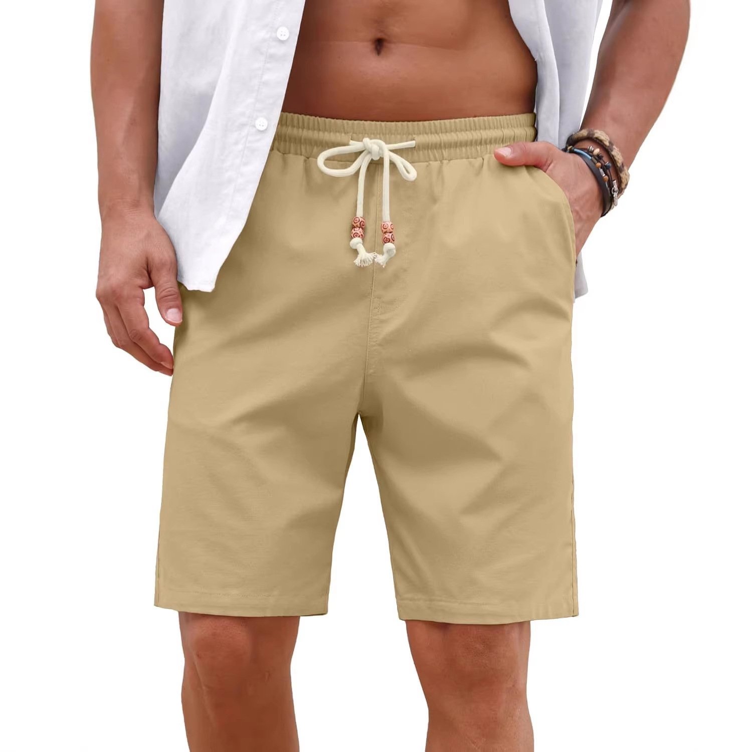 Men's Cotton And Linen Lace-up Plus Size Pocket Casual Shorts - Image 4