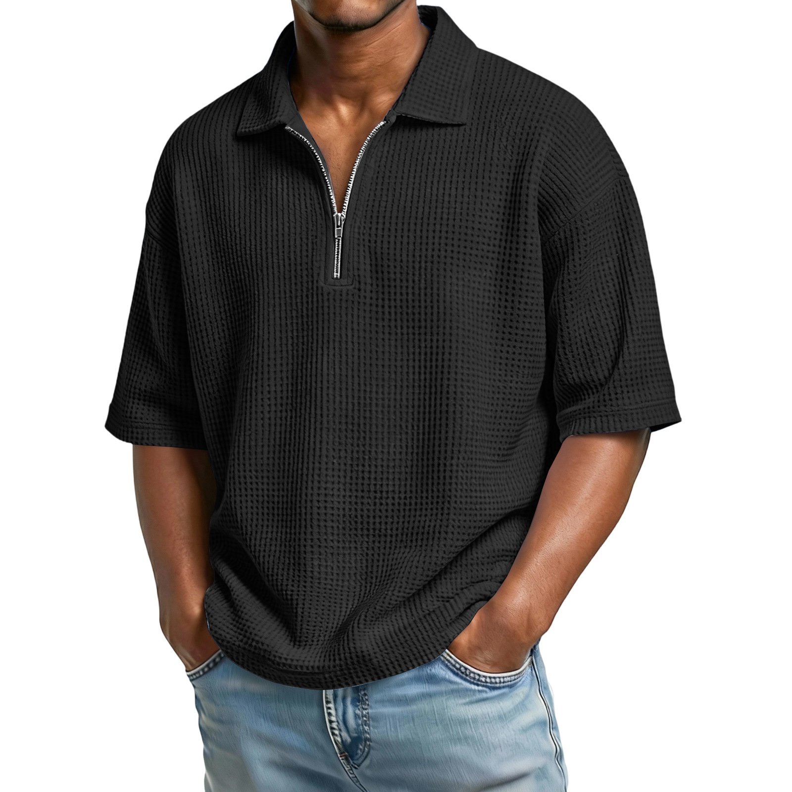 Men's Waffle-Weave Short-Sleeved Shirts Summer Solid Color Lapel Polo Shirt T-Shirt Beach Style Tops - Image 4