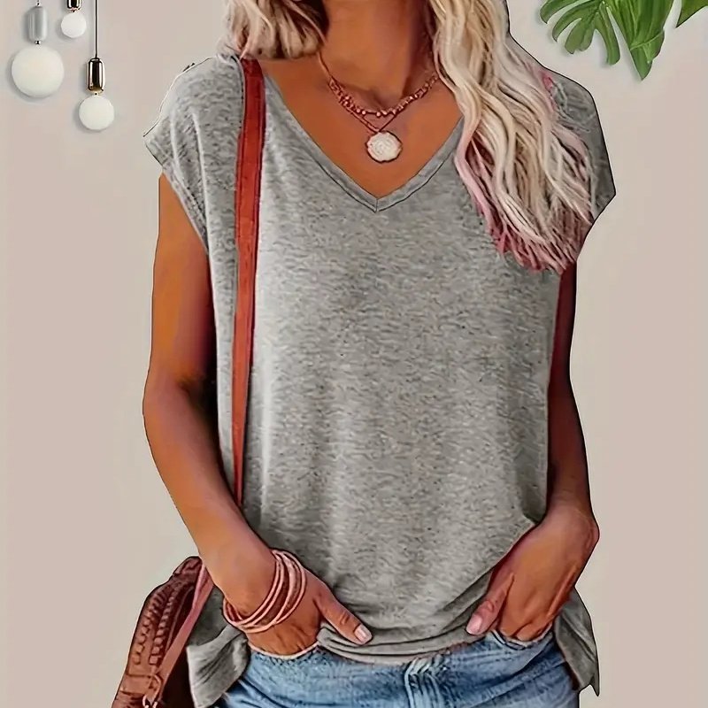 3-Pack Women's Casual V-Neck T-Shirts Solid Color Short Sleeve Tee Tops - Image 3
