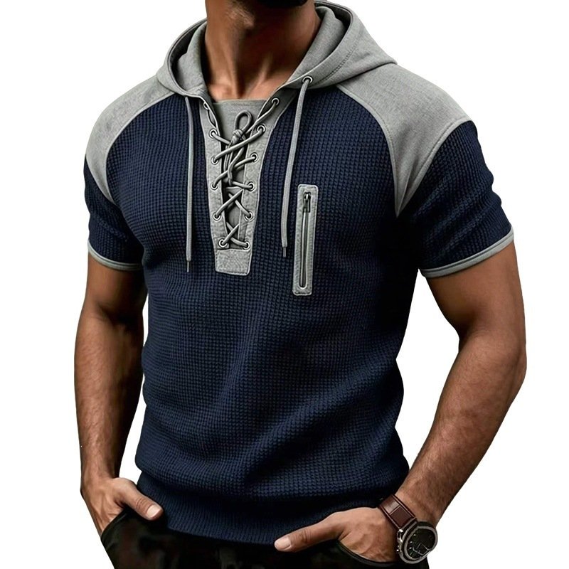 Mens Waffle Print Hooded Short Sleeve Top - Image 3
