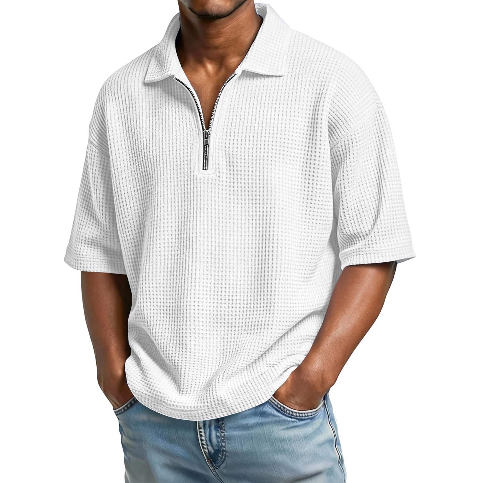 Men's Waffle-Weave Short-Sleeved Shirts Summer Solid Color Lapel Polo Shirt T-Shirt Beach Style Tops - Image 9