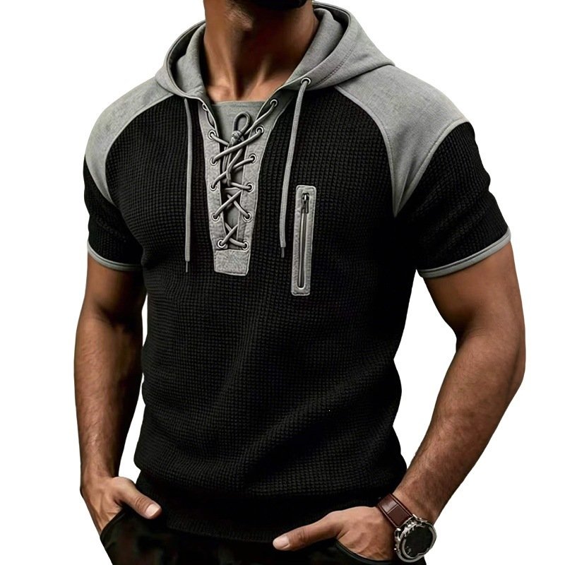 Mens Waffle Print Hooded Short Sleeve Top - Image 2