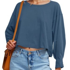 Fisoew Womens Long Sleeve Crop Tops Loose Fit Crew Neck Cropped T Shirts 2025 Casual Workout Tee Shirt Tops