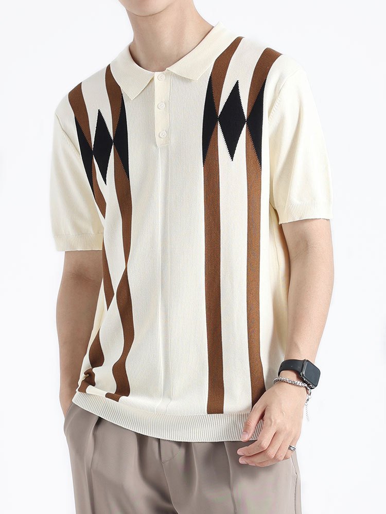 Cross-border Old Money Style Men's Argyle Ice Silk Knitted Polo Shirt, Color-block Casual Men's Paul T-shirt - Image 5