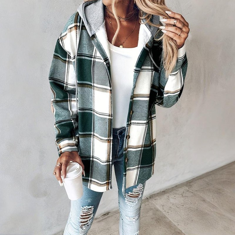 Women's Plaid Hoodie Long Sleeve Jacket Button Drawstring Casual Fall Shirts Shacket With Pocket - Image 9