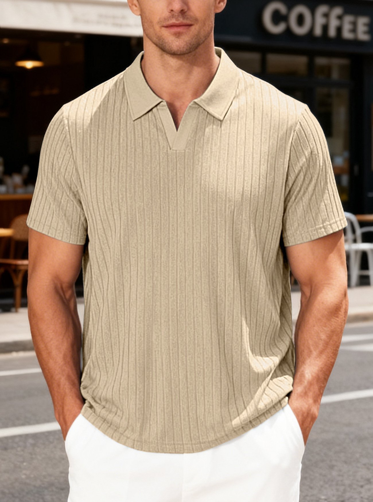 European And American Cross-Border Men's Summer New Casual Breathable Towel Jacquard Fabric Turn-Down Collar Men's Striped Short-Sleeve Shirt - Image 4