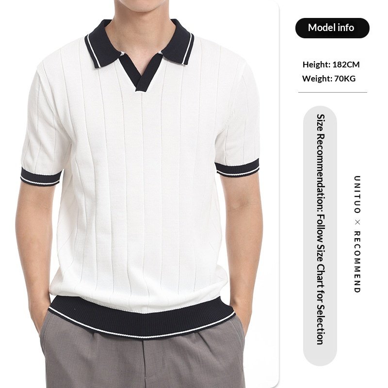 Men's Casual V-Neck Color-block Quick-Dry Paul T-Shirt, Seagull Collar Ice Silk Knit Polo Shirt - Image 4