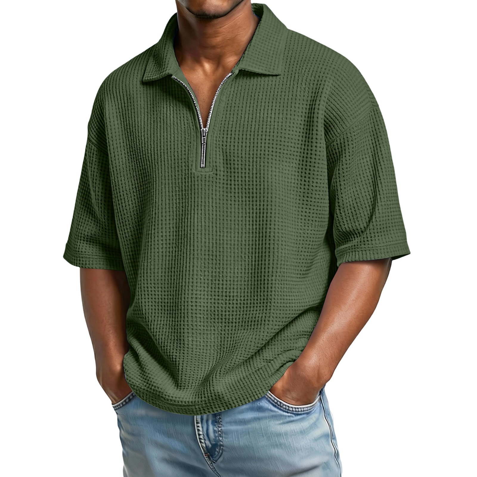 Men's Waffle-Weave Short-Sleeved Shirts Summer Solid Color Lapel Polo Shirt T-Shirt Beach Style Tops - Image 10