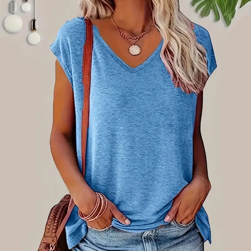 3-Pack Women's Casual V-Neck T-Shirts Solid Color Short Sleeve Tee Tops - Image 5