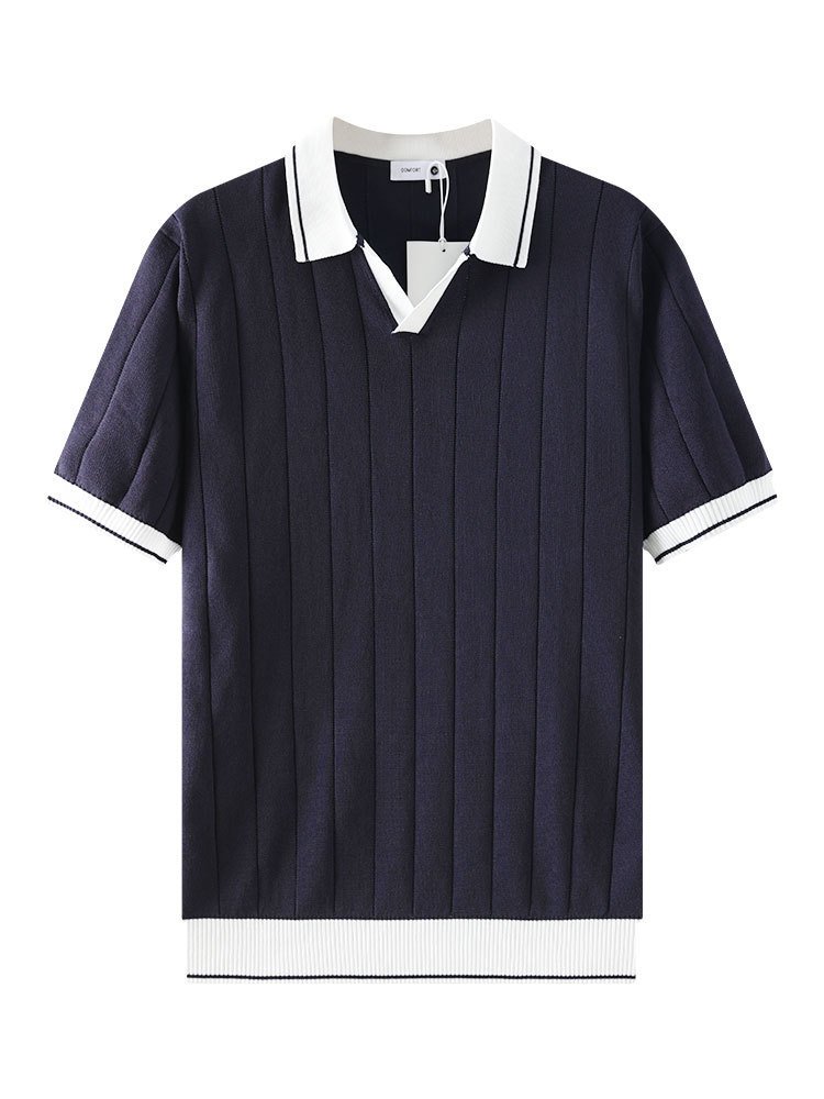 Men's Casual V-Neck Color-block Quick-Dry Paul T-Shirt, Seagull Collar Ice Silk Knit Polo Shirt - Image 2