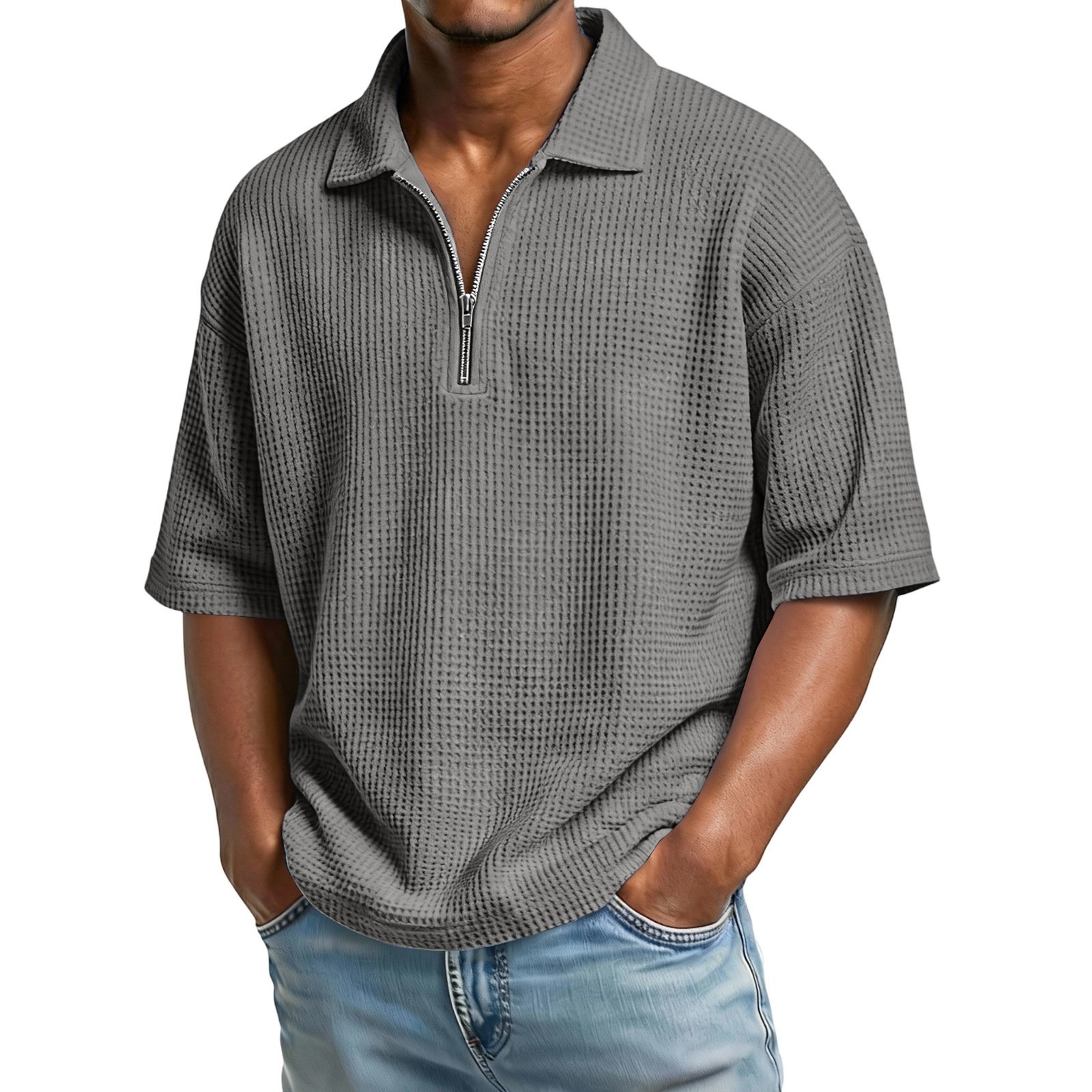 Men's Waffle-Weave Short-Sleeved Shirts Summer Solid Color Lapel Polo Shirt T-Shirt Beach Style Tops - Image 6