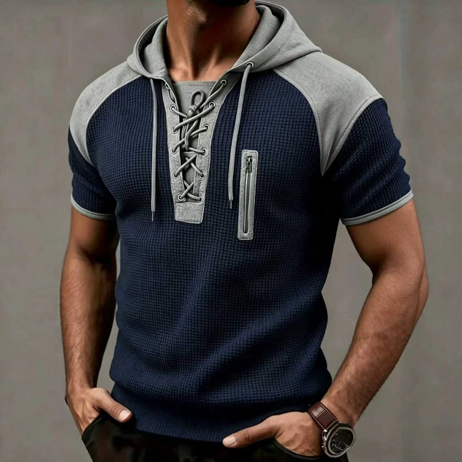 Mens Waffle Print Hooded Short Sleeve Top