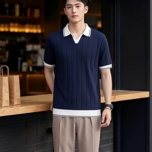 Men's Casual V-Neck Color-block Quick-Dry Paul T-Shirt, Seagull Collar Ice Silk Knit Polo Shirt