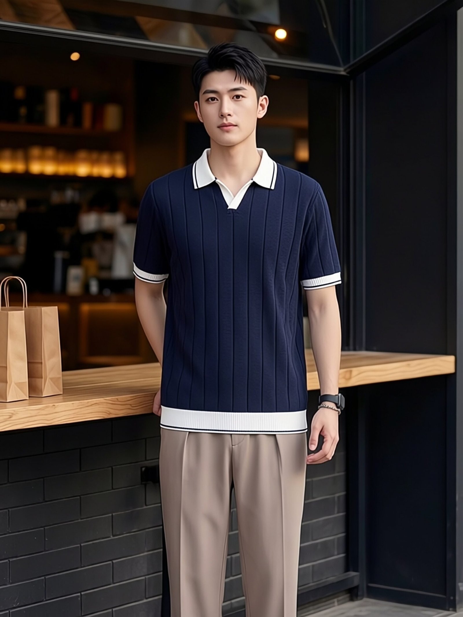 Men's Casual V-Neck Color-block Quick-Dry Paul T-Shirt, Seagull Collar Ice Silk Knit Polo Shirt