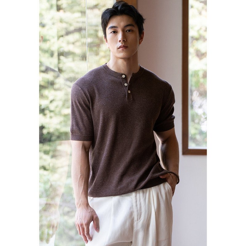 Mens Casual Short-sleeved Knit Top With A Half-placket - Image 4