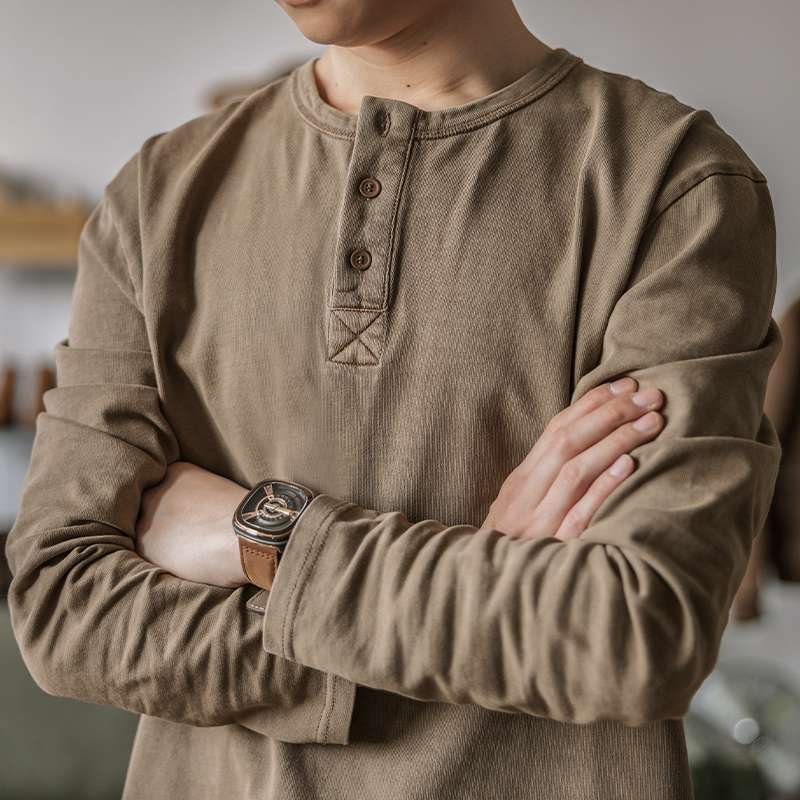 American-style Vintage Henley T-shirt For Men - Image 2