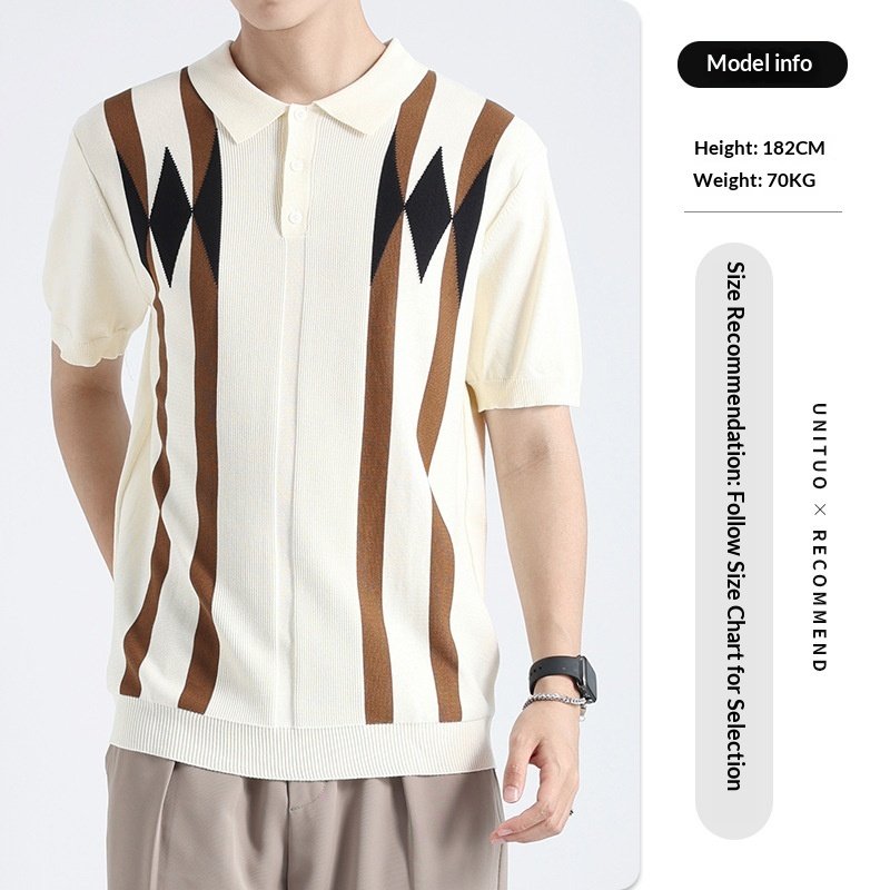 Cross-border Old Money Style Men's Argyle Ice Silk Knitted Polo Shirt, Color-block Casual Men's Paul T-shirt - Image 4