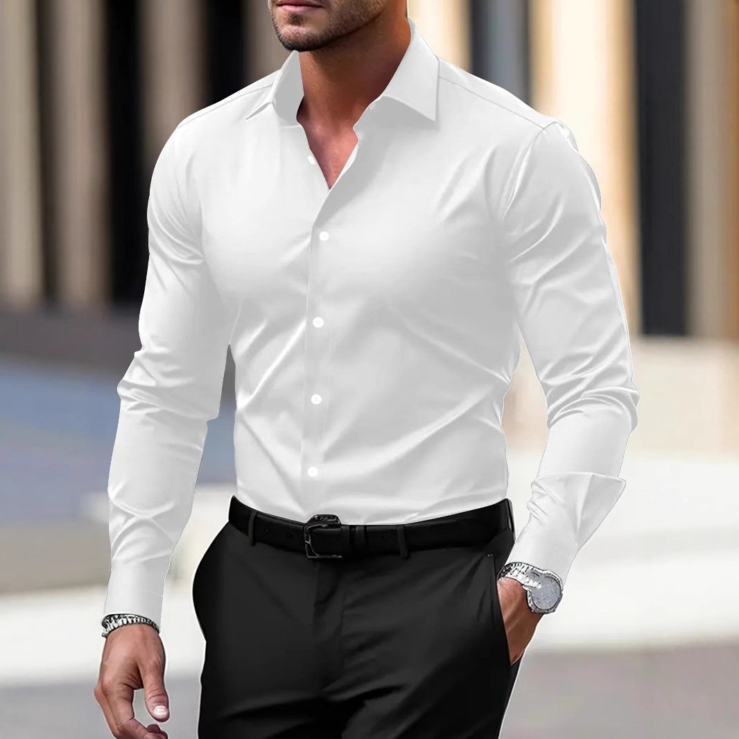 Men's Shirt Business Button Down Shirt Summer Solid Color Long Sleeve Lapel Vacation Shirt Fashion Temperament Casual Tops - Image 9