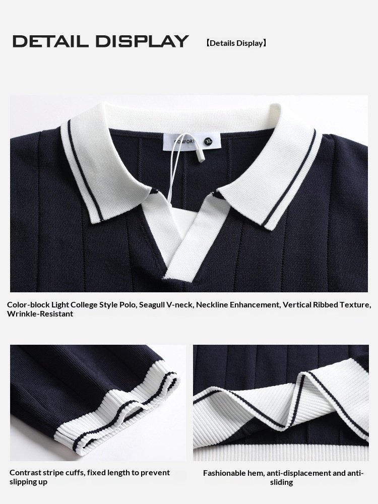 Men's Casual V-Neck Color-block Quick-Dry Paul T-Shirt, Seagull Collar Ice Silk Knit Polo Shirt - Image 6