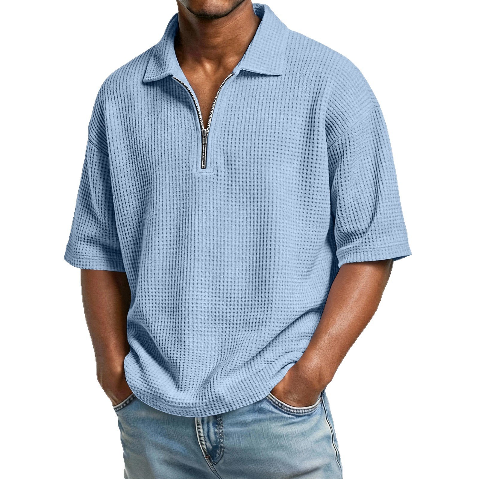 Men's Waffle-Weave Short-Sleeved Shirts Summer Solid Color Lapel Polo Shirt T-Shirt Beach Style Tops - Image 3