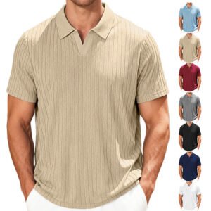 European And American Cross-Border Men's Summer New Casual Breathable Towel Jacquard Fabric Turn-Down Collar Men's Striped Short-Sleeve Shirt