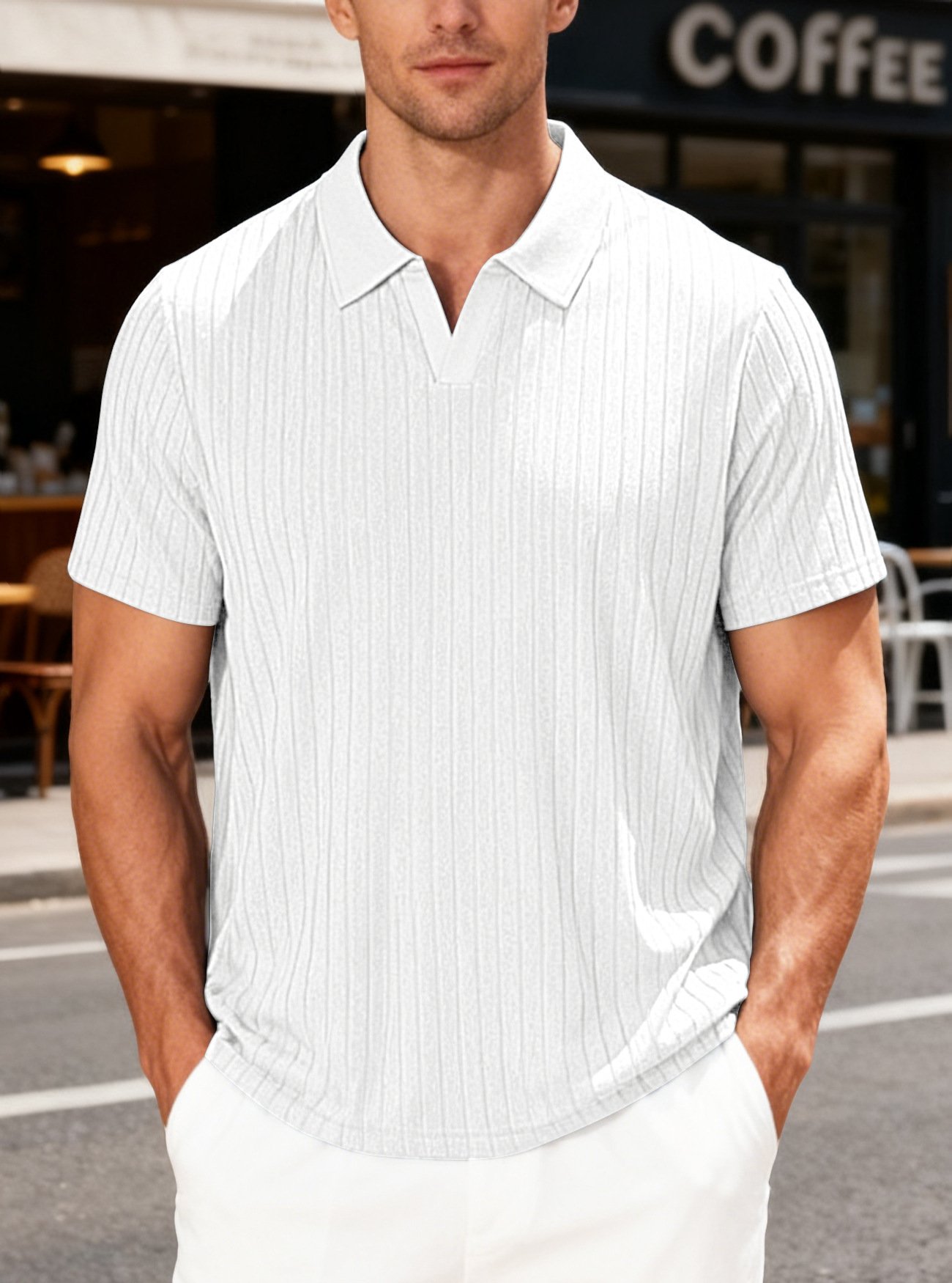 European And American Cross-Border Men's Summer New Casual Breathable Towel Jacquard Fabric Turn-Down Collar Men's Striped Short-Sleeve Shirt - Image 5