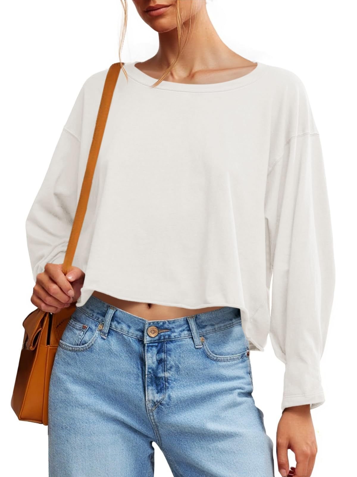 Fisoew Womens Long Sleeve Crop Tops Loose Fit Crew Neck Cropped T Shirts 2025 Casual Workout Tee Shirt Tops - Image 7