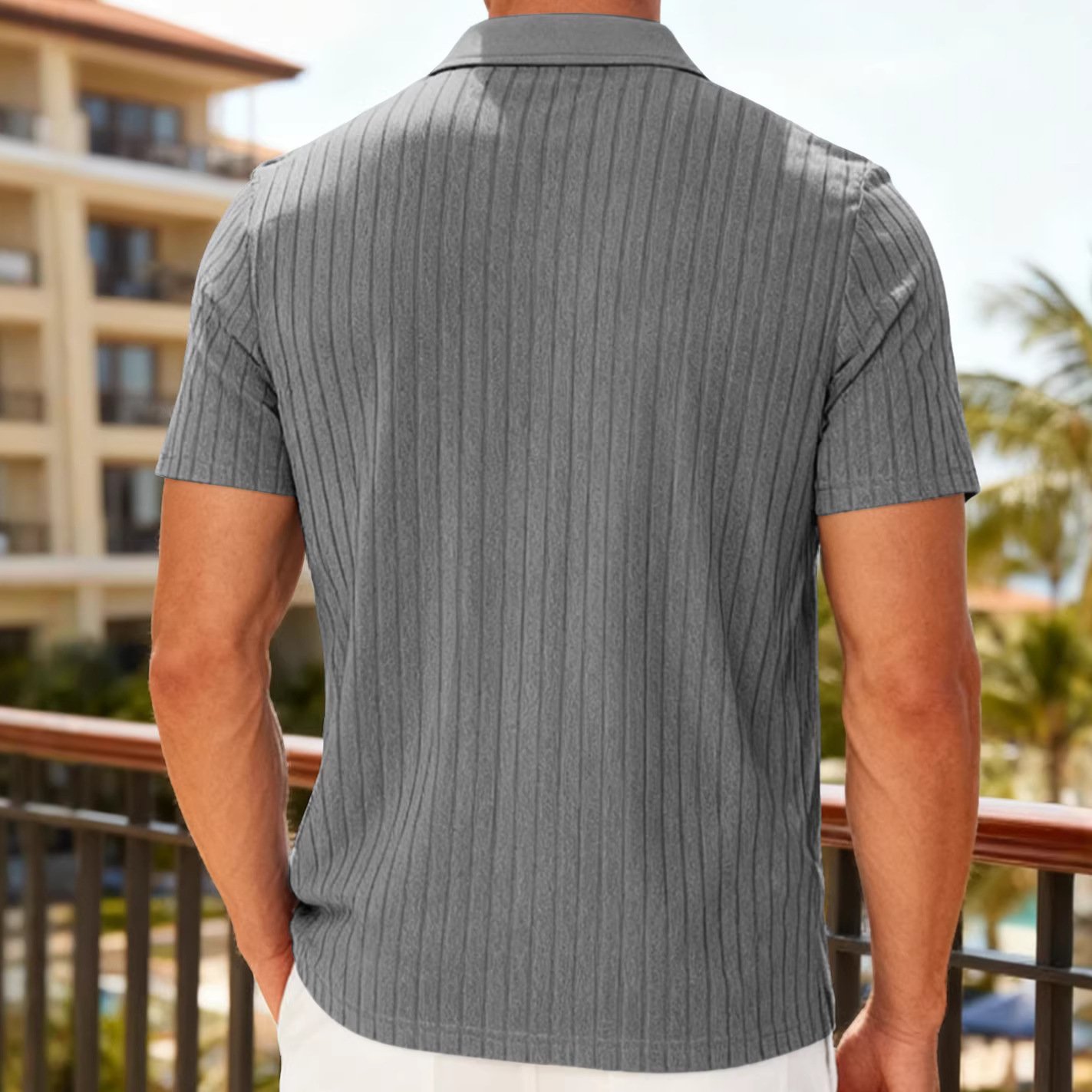 European And American Cross-Border Men's Summer New Casual Breathable Towel Jacquard Fabric Turn-Down Collar Men's Striped Short-Sleeve Shirt - Image 10