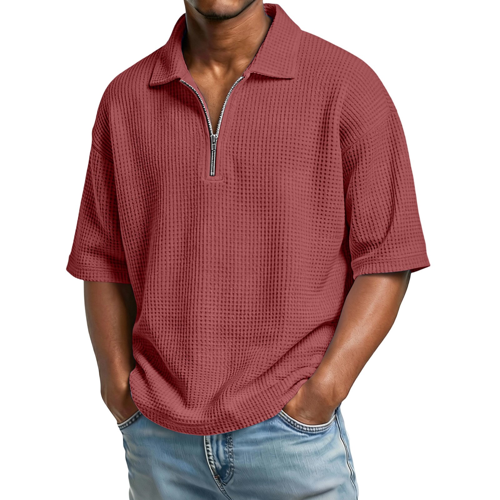 Men's Waffle-Weave Short-Sleeved Shirts Summer Solid Color Lapel Polo Shirt T-Shirt Beach Style Tops - Image 7