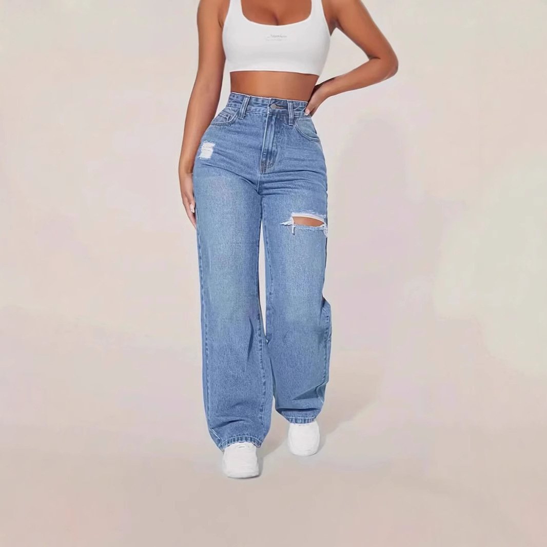 European And American Ladies Washed Hole Denim Trousers - Image 7