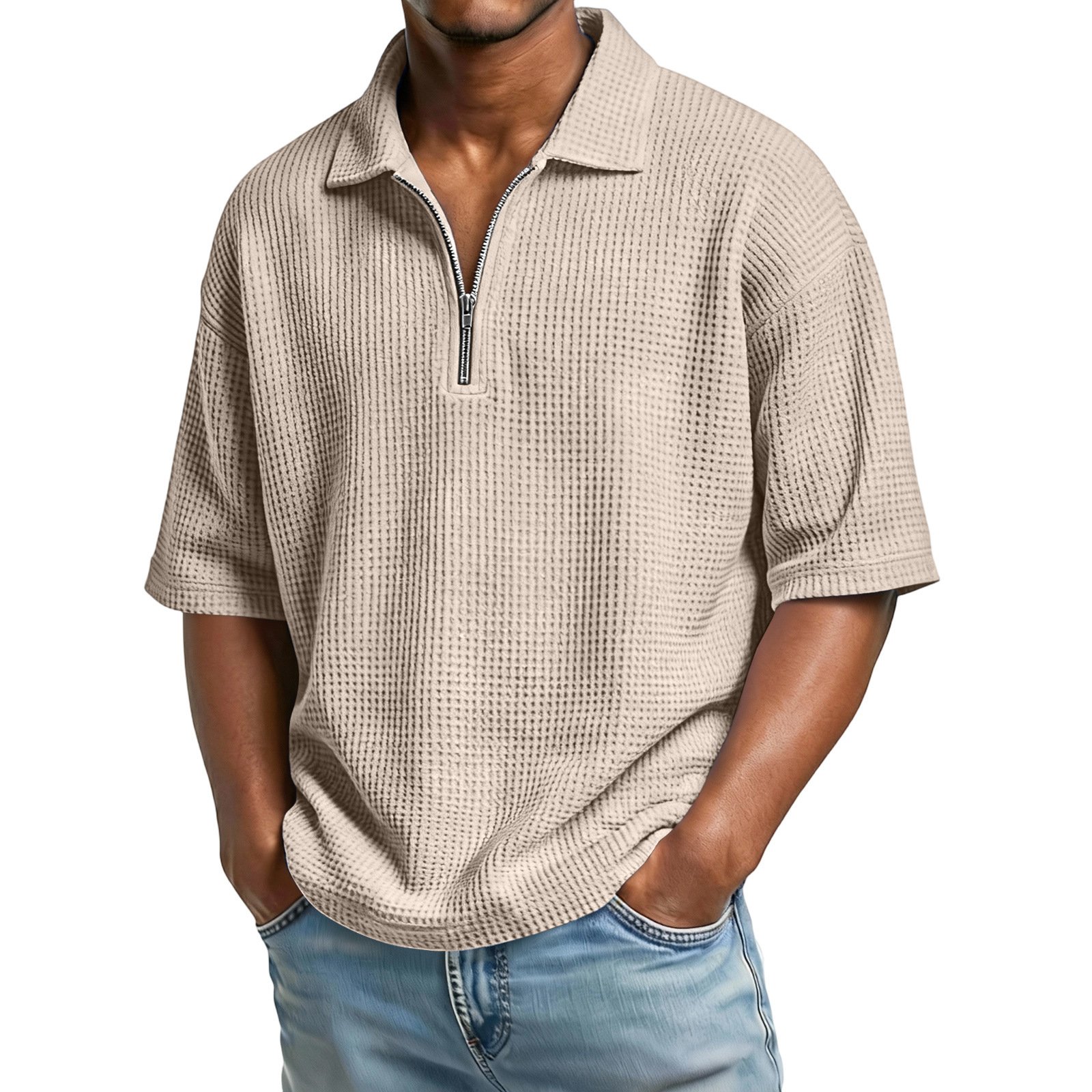 Men's Waffle-Weave Short-Sleeved Shirts Summer Solid Color Lapel Polo Shirt T-Shirt Beach Style Tops - Image 2