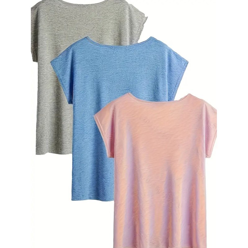 3-Pack Women's Casual V-Neck T-Shirts Solid Color Short Sleeve Tee Tops - Image 2